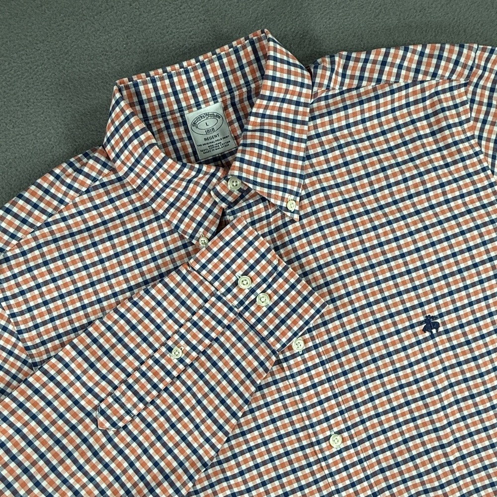 Brooks Brothers Regent Men L Orange Plaid Non Iron Supima Cotton Button Down